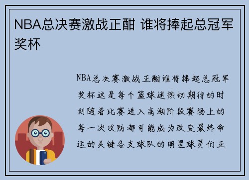 NBA总决赛激战正酣 谁将捧起总冠军奖杯