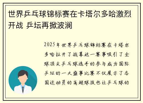 世界乒乓球锦标赛在卡塔尔多哈激烈开战 乒坛再掀波澜