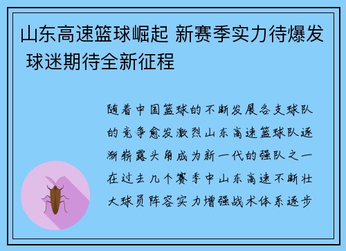 山东高速篮球崛起 新赛季实力待爆发 球迷期待全新征程