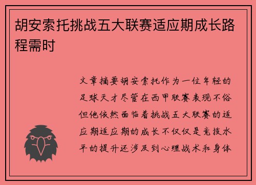 胡安索托挑战五大联赛适应期成长路程需时